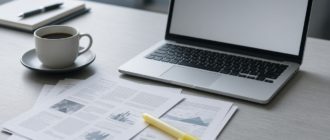 Стол исследователя с распечатками и ноутбуком